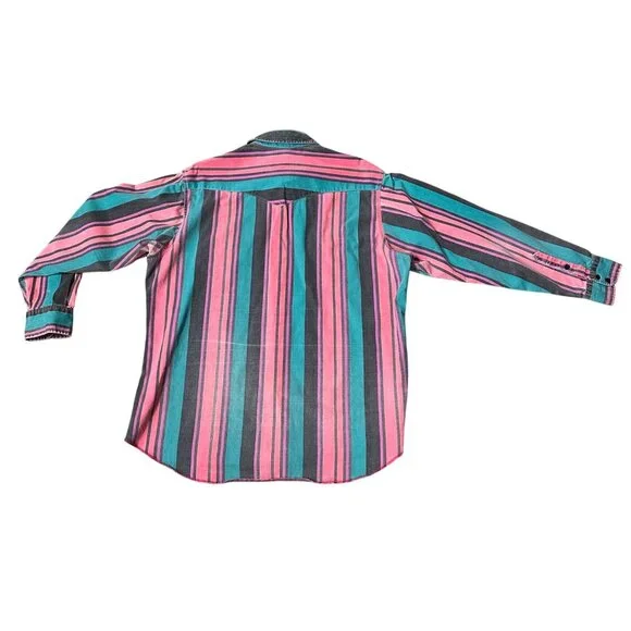 Vintage Wrangler Brushpopper 90s Western Shirt Pink Teal Stripe USA Rodeo Cowboy - Picture 3 of 12